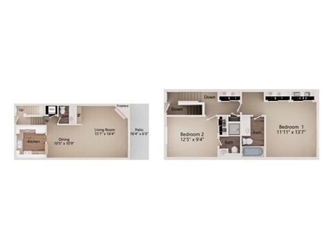 Floor plan for 2 beds, 2.5 baths, 1224 sqft
